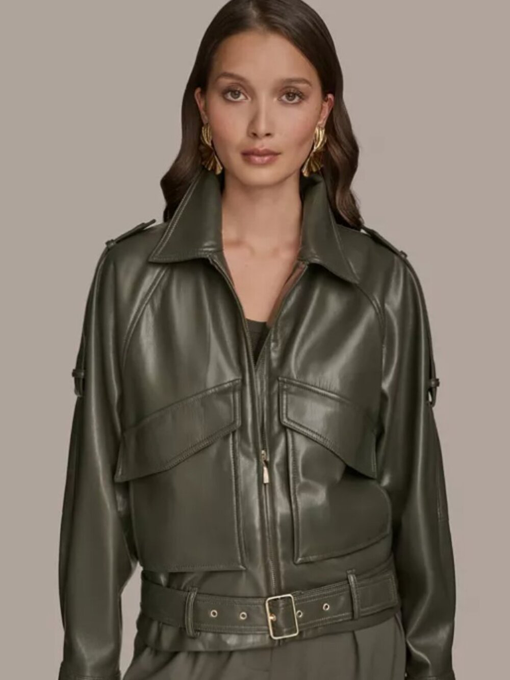 Donna Karan NY Belted Faux-Leather Moto Jacket Womens Large